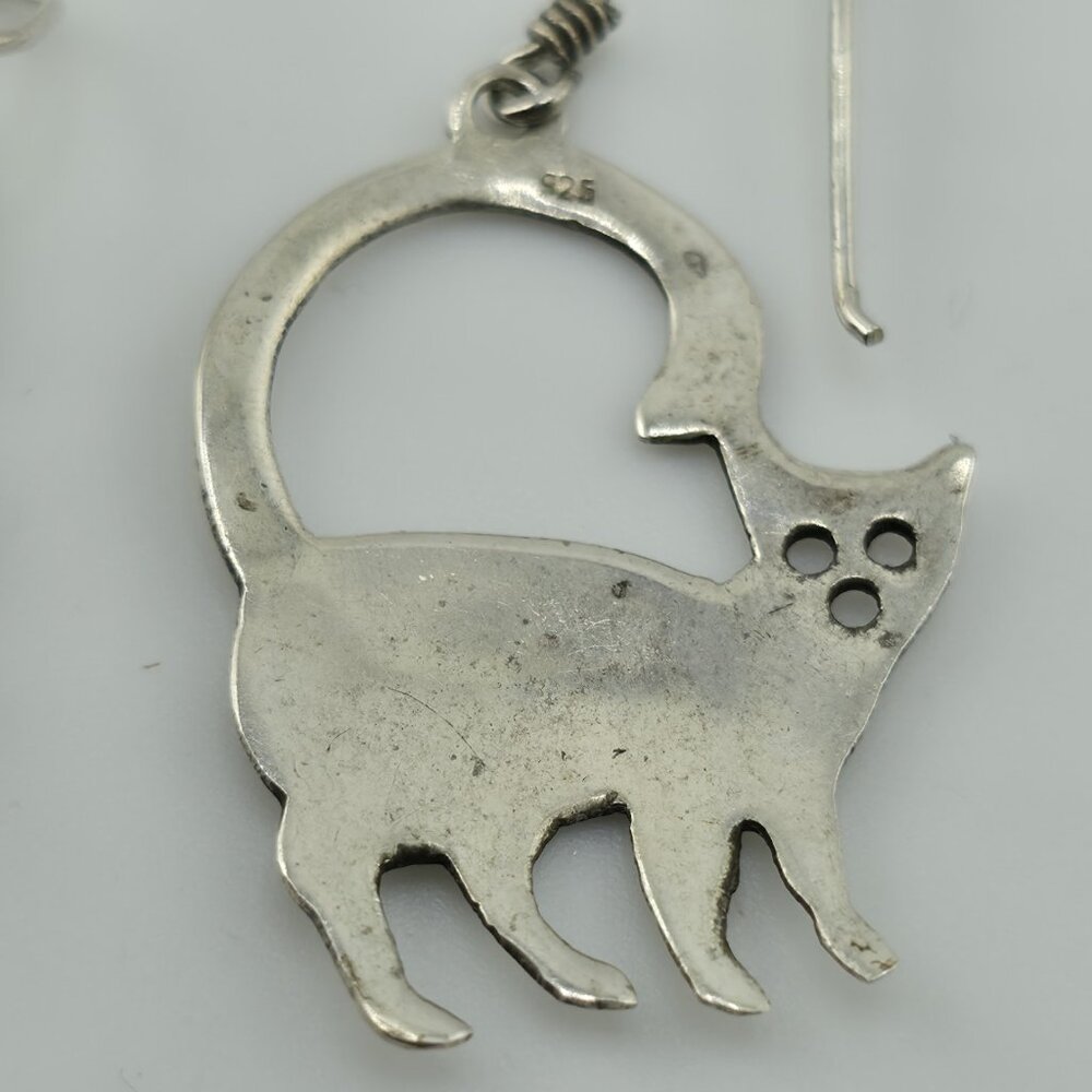 Sterling Silver Modernist Kitty Cat MCM Dangle Hook Earrings 3g 925 Vintage Alt - Picture 9 of 12
